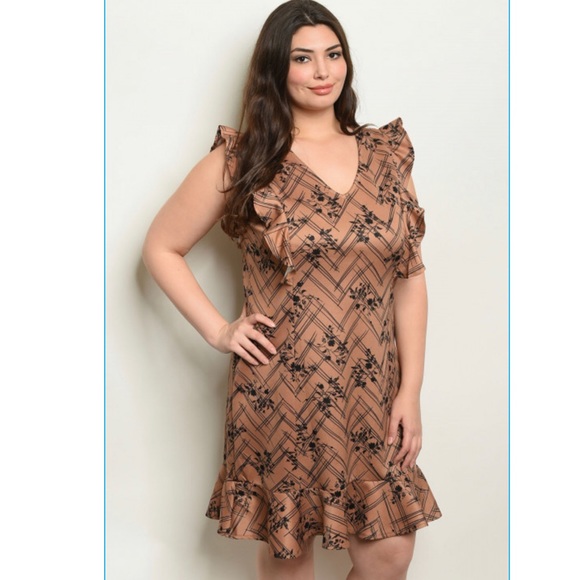 Plus Size Brown Mocha Black Puff sleeve Dress - Picture 2 of 6